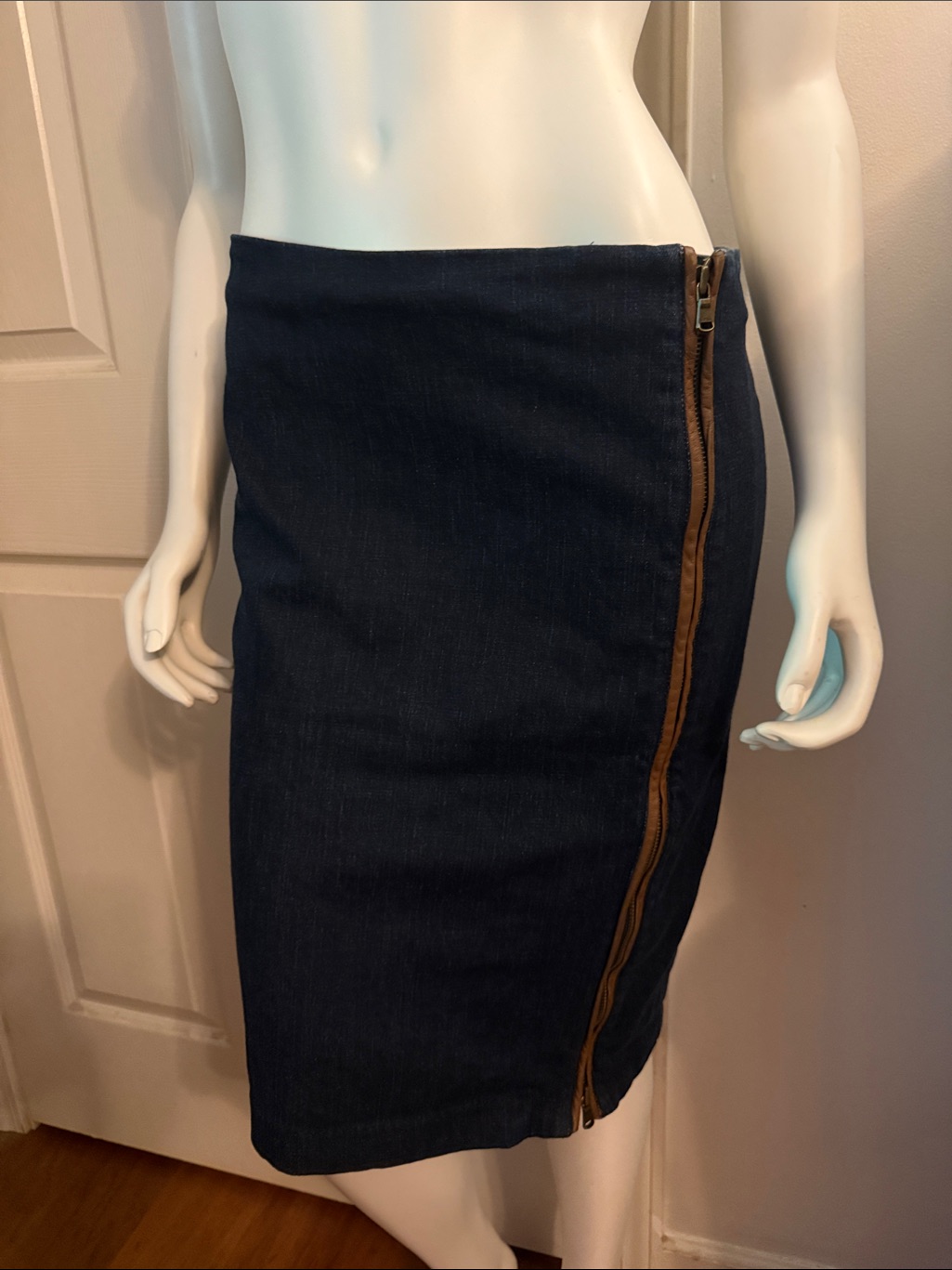 Lauren Ralph Lauren Dark Blue Denim Pencil Skirt With Brown Side Zip